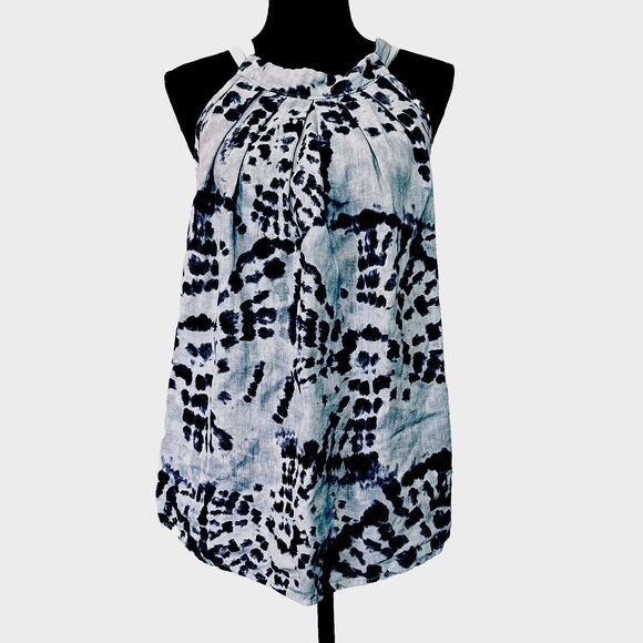 BELLAMBIA Italy Size S Navy & Blue Gray 100% Linen Summer Tank Ribbon‎ Tie Dye - Picture 1 of 9